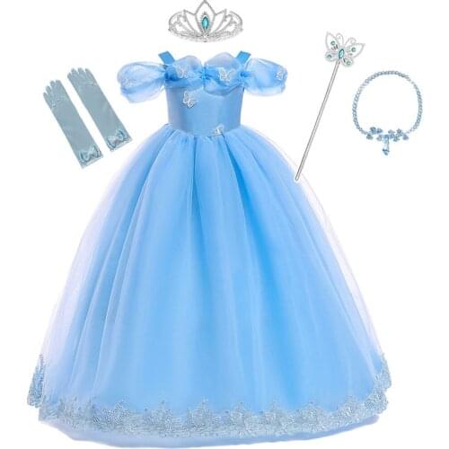 Girls Cinderella Princess Dress Fancy Kids Blue Evening Sleeveless Pageant Prom Dress Children Cosplay Halloween Party Dresses