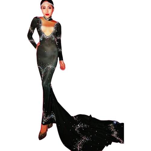 Long Sleeve Black Skinny Stretch Women Dress Shining Diamonds Mermaid Dress Nightclub DJ Singer Stage Performance Costume