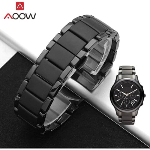 Matte Ceramic Band Strap 22mm 24mm for Armani AR1451 AR1452 Stainless Steel Butterfly Buckle Men Replacement Watchband Bracelet