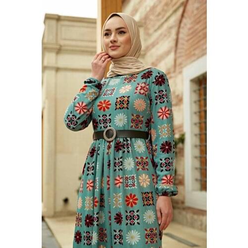 Richkeda Store New 2021 Leather Belt Patterned Dress Ramadan Eid Abaya Dubai Turkey Muslim Fashion Hijab Islam Clothing African