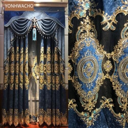 Custom curtain European living room luxury chenille embroidery hollow blue cloth blackout curtain valance tulle panel C341