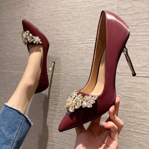 Good Quality Crystal Shoes PU Pointed Head Rhinestone Buckle Transparent Metal Heel Fine Heel Sexy Wedding Shoes Party Shoes