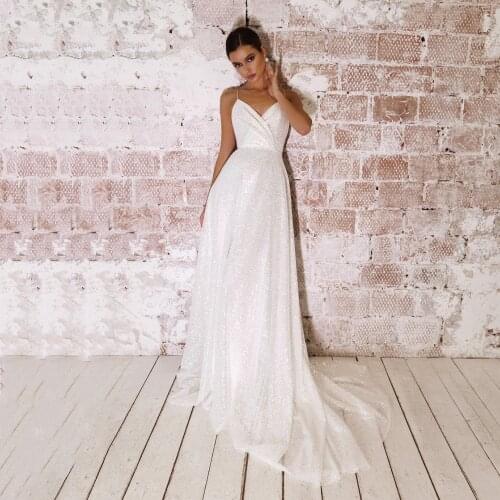 UZN Ivory Glitter Wedding Dress V Neck Spaghetti Straps Sequined Bridal Gown Sexy Backless Sweep Train Vestido De Novia