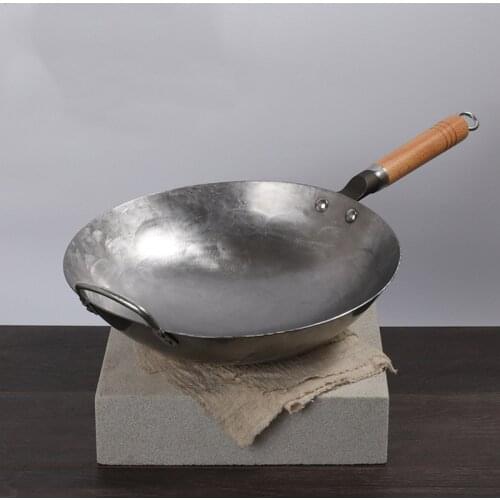 Hand Forged Iron Wok, Profession Chinese Traditional Wok Pan Household Kitchen Cookware with Wooden Handles, No Fumes, Non-Stick