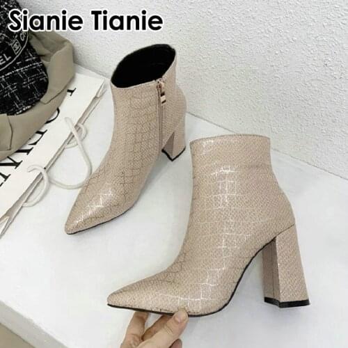 Sianie Tianie 2020 winter autumn fashion woman high heels shoes pointed toe sexy women booties plaid checked short ankle boots