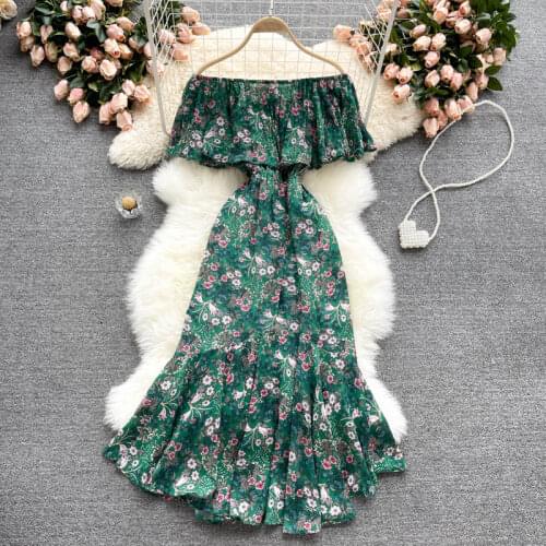Summer Fashion New Holiday Style Printed Vestidos Female One-line Collar Strapless Ruffled Fishtail Slim Midi Dress GK753