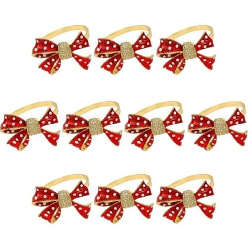 10Pcs/Lot Christmas Bow Red Napkin Buckle Diamond Napkin Ring Ring Holder Holiday Party Table Decoration