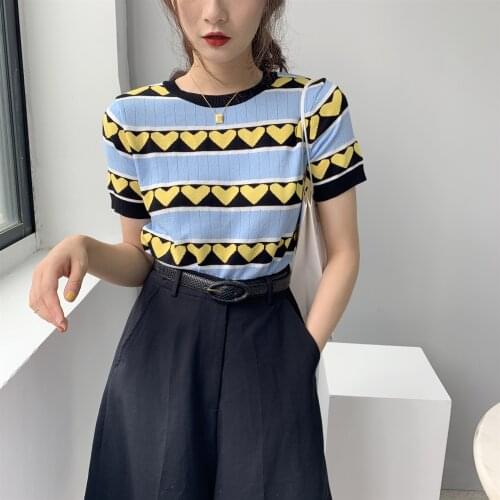 2021 Women Summer O-Neck T Shirts Short Sleeve Heart Print Women Slim Tops Knitted Casual Women Summer Tops Pull Femme