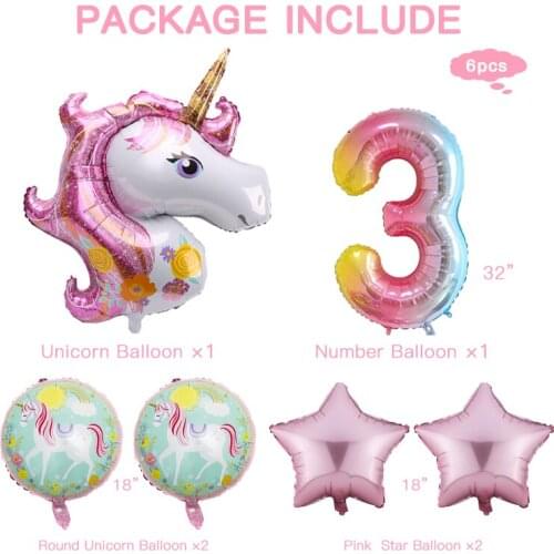 6 Rainbow Gradient Unicorn Party Balloons 32 Inches Numbered Birthday Party Decoration Childrens Toy Set Balloons