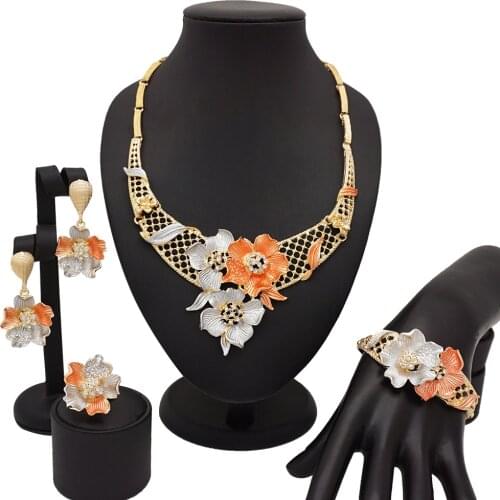 African Jewelry Sets Round Necklace Bracelet Dubai Gold Jewelry Set for Women Wedding Party Bridal Earrings Ring Jewelry