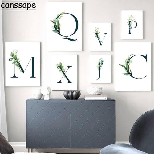 Alphabet Wall Art Print Green Plant Leaf Canvas Painting Quotes Poster Art Paintings Nordic Wall Pictures For Living Room Decor