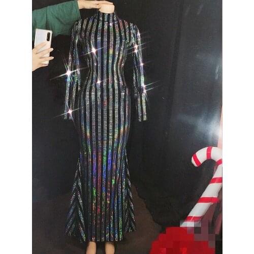 Sparkling Women Singer Costume Sequined Long Dress Club Party Outfit Long Sleeve High Collar Evening Dresses Stage Show VDB2791
