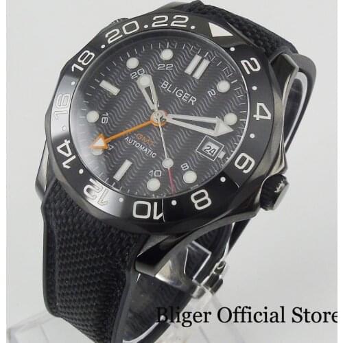 BLIGER Fashional Sapphire Glass 41mm PVD Self Winding Men Watch Case GMT Function Date Window Rotating Bezel Rubber Strap