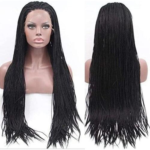 Black Braided Wigs for Black Women Long Synthetic Lace Front Wigs with Baby Hair Quality Long Black Micro Box Braid Hair Wig 26