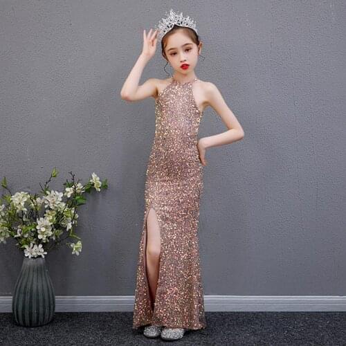 Sexy Sequined Stitching Mermaid Dress For Girls Kids Catwalk Perform Birthday Party Sleeveless Evening Gown Vestidos A439