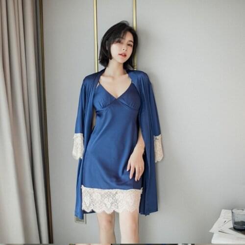 2PCS Female Kimono Bathrobe Gown Sexy Satin Sleepwear Twinset Robe Suit Lace Patchwork Intimate Lingerie Nightwear Homewear