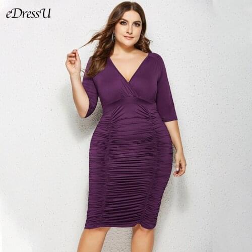 2020 Plus Size Club Dress Sexy Pleat Evening Party Dress V Neck Knee Length Bandage Bodycon Dress Purple Black Dress LMT-2139