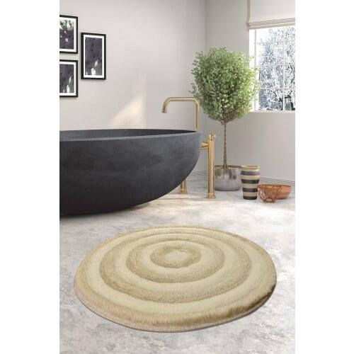 Round Ecru Bath Mat Washable, Anti-Slip Soles