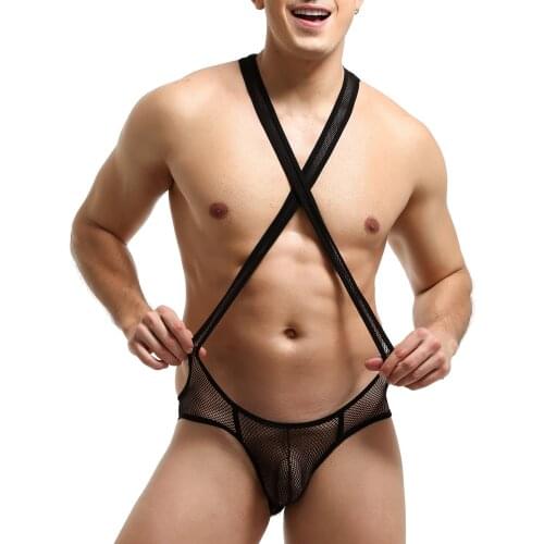 Men Thong G-String Racer Back Crisscross Bulge Pouch Sheer Mesh Leotard Jockstrap Underwear Jumpsuits Wrestling Singlet Bodysuit