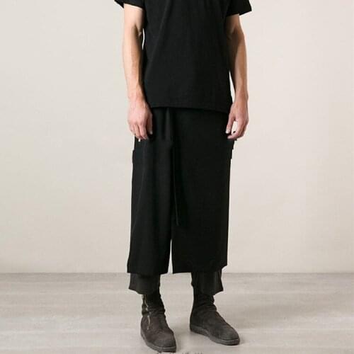 New male European and American fashion mens casual Capris fake two loose Harun youth personality straight pant