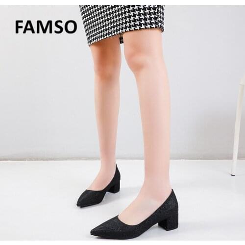 New Women Simple Pink Black Pumps Ladies Sequins Pointed Toe Med Square High Heels Casual Work Office Female Shoes Plus size