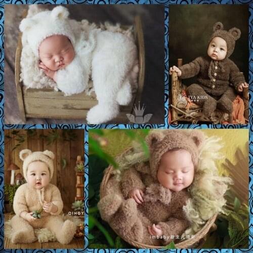 Baby Newborn Photography Props Coral Fleece Soft Knitted Cute Bear Hat Bonnet Outfits Fotografia Studio Shoots Photo Accessories