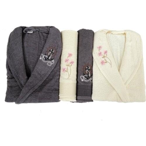 Scar Embroidered 100 Cotton 4 Piece Bathrobes Set Smoked Cream