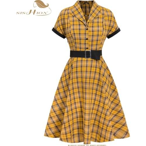 SISHION casual dress jurken Short Sleeve Yellow Plaid Dress VD1331 2021 Summer Swing Rockabilly 50s Vintage Dress with Belt