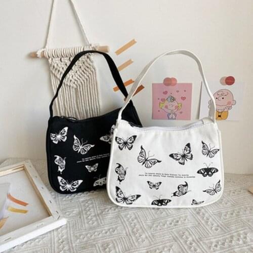 Spring Women Small Handbag Butterfly Print Canvas Tote Ladies' Fashion Underarm Bag Zipper Half Moon Bags Cotton Cloth Purse