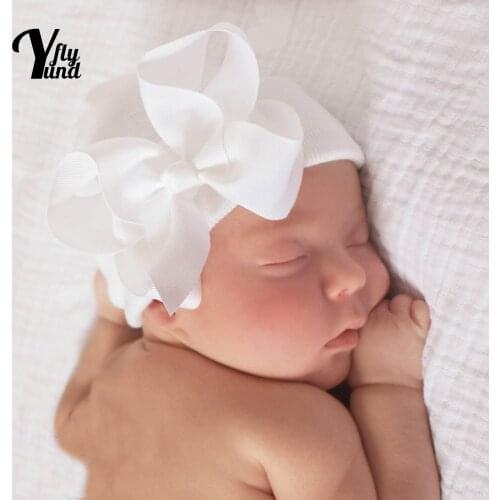 Yundfly 11*7.5 CM Grosgrain Ribbon Bows Infant Caps Double Layer Thickened Knitting Cotton Newborn Hat Baby Headwear Photo Props