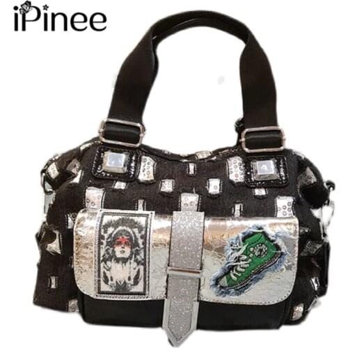 IPinee Womens Denim Shoulder Bag Crossbody Bags Female Fashion Sequins Totes Handbag All-match Top-handle Bag Purse