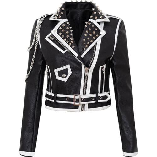 Spring Faux Leather Short Jacket Women Punk Style Skull Rivet and Chain Fashion High Waist Motor Jackets