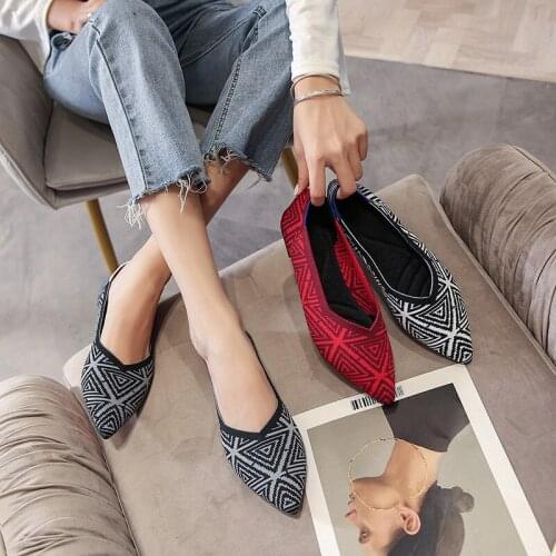 2021 Womens Spring and Autumn Knitted Knit Shallow Mouth Flat Soft Sole Soft Leather Pointed Toe Boat Shoes