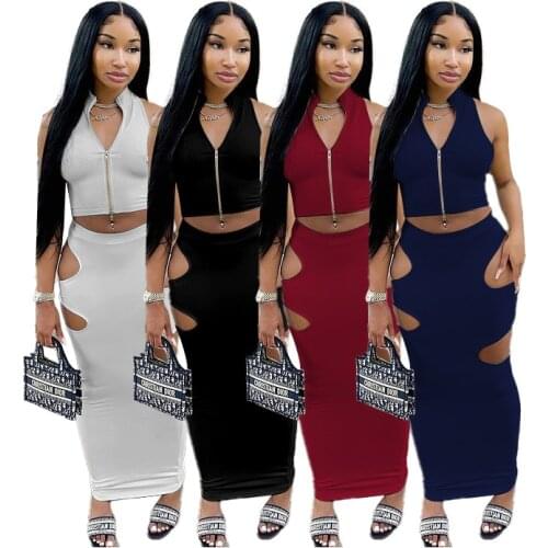 Sexy Women Skirt Set Crop Tank Top And Long Skirt Dress Hollow Out Sleeveless Solid Color Streetwear Summer Clothes For Women