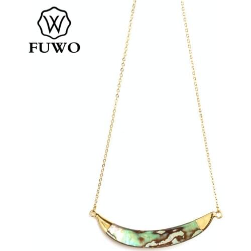 FUWO Unique Design Long Horn Abalone Shell Necklace with Gold Trimmed Double Loops Crescent Seashell Jewelry For Women NC530