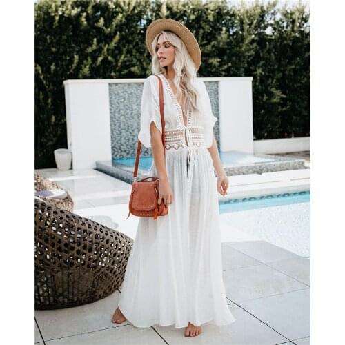 Happie Queens women white lace beach Bohemian maxi dresses Ladies deep V neck high elestic waist Boho happie dress vestidos