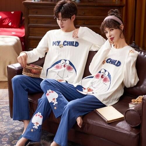 Winter Cotton Pajamas Set for Couple Men Oversized Cotton Homewear Kawaii Japan Anime Doraemon Women Long Sleeve Cartoon Pajamas