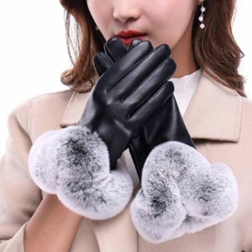 1Pair Women Winter Warm Gloves Women Lady Black Leather Gloves Autumn Winter Warm Rabbit Fur Mittens Warmth Warmer Mittens