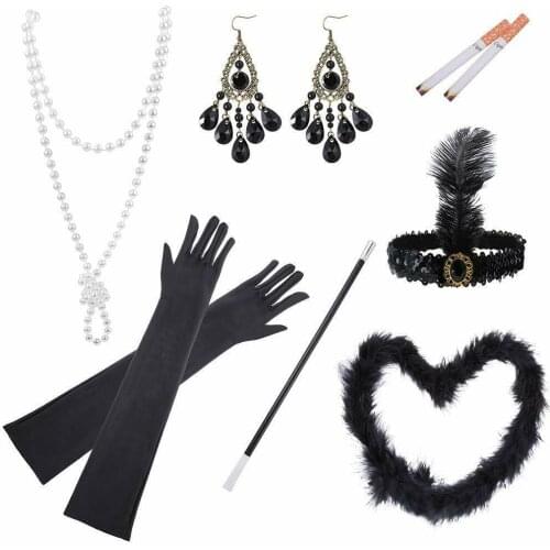 The 1920s Audrey Hepburn accessories at ball parties in Europe and America vintage smoke rod headpiece gloves earring necklace