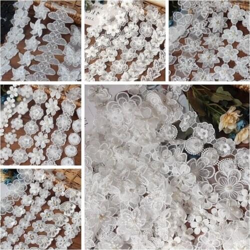 2Yard/Lot Rhinestone Pearl Lace Flower Butterfly Lace Trim DIY Headdress Wedding Patch Applique Clothing Neckline Decoration