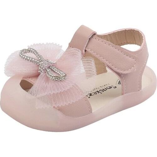 2021 Summer New Bow-knot Sandals Girls Rhinestone Sweet Fashion Princess Shoes Soft Sole Toes-capped Beach Shoes Flats Non-slip