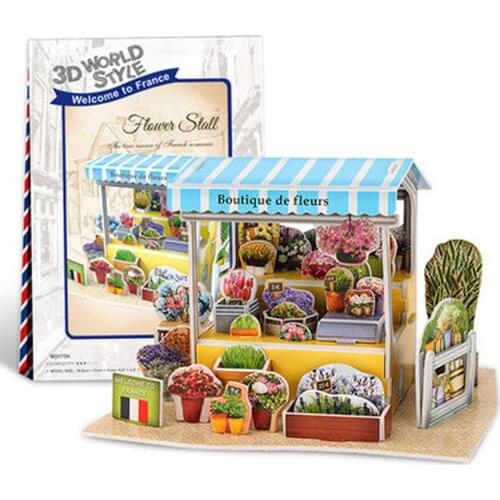 T69 3D Puzzle French flower stall DIY Creative gift Educational toys World style tour construction paper model
