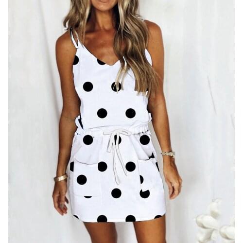 40# Polka Dot Pocket Strap Dress Women Casual Sleeveless Open Back Mini Dresses V-neck Drawstring Summer Dress 2021 Vestidos