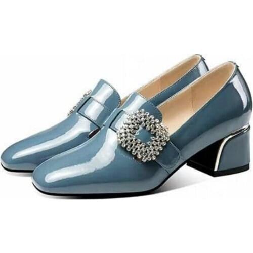 Large Size 34-42 New Womens High-heeled Metal Fashion Patent Leather Thick With Casual Casual Square Head Womens Shoes B23-22