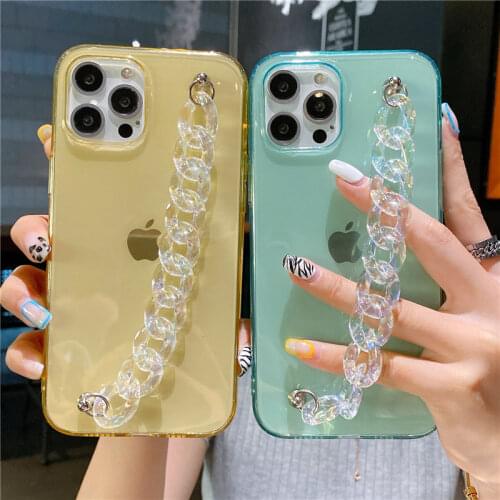 Wrist Strap Chain Phone Case For iPhone 12 11 Pro Max XS Max XR X 7 8 Plus 12 Mini Candy Color Shockproof Transparent Back Cover