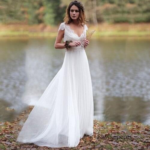 Elegant Beach Boho Wedding Dresses A Line For Bride 2020 Custom Made Lace Chiffon Bridal Gowns Sexy Open Back V Neck Bride Dress