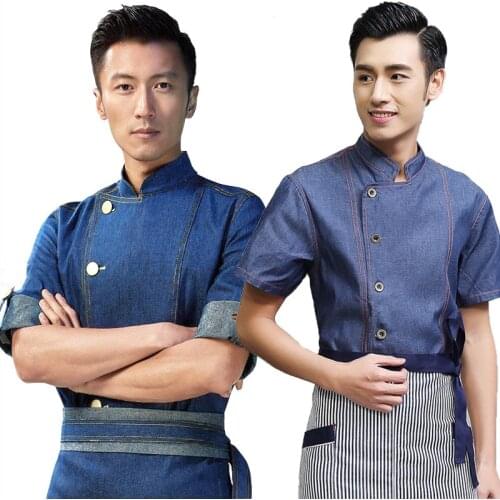 Hotel Restaurant Kitchen Uniform Short Sleeve Colorfast and Shrink Resistant Denim Chef Uniform Cook Chef Jacket B-6006