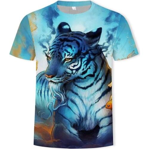 Tiger Sitting Pattern Summer T-Shirt 3D Printed Boys' Fashion Harajuku Top Summer Mens Casual Round Neck