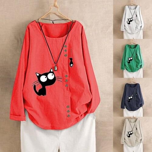 Women Spring Summer Fashion Korea Style Oversized Long Sleeve Cotton Linen Fabric Cat and Fish Printing Cute Tshirt Casual Tees