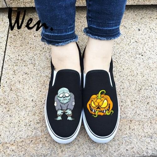 Wen Original Choose White Black 2 Colors Design Halloween Spooky Pumpkin Horror Zombie Flats Slip On Canvas Sneakers Shoes